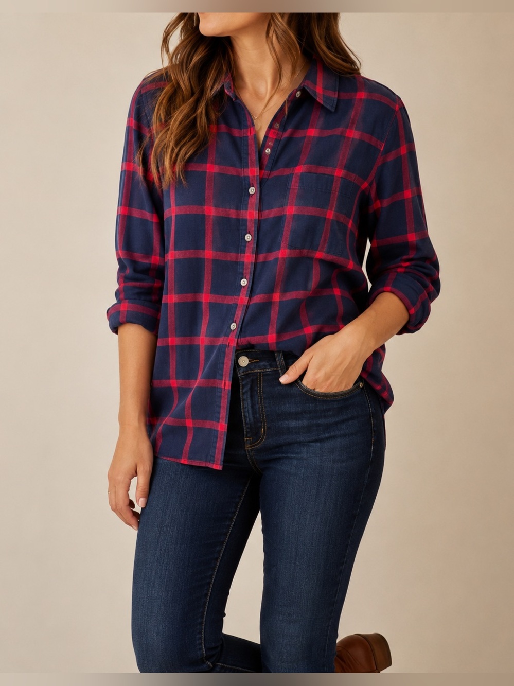 J.Crew Women’s Navy Red Plaid Button Down Shirt Size Large Classic Preppy Casual
